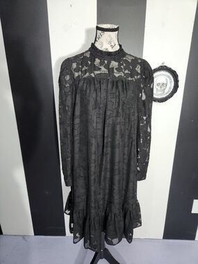 Gothic Tommy Hilfiger Black Lace Long-Sleeve Ruffle Dress